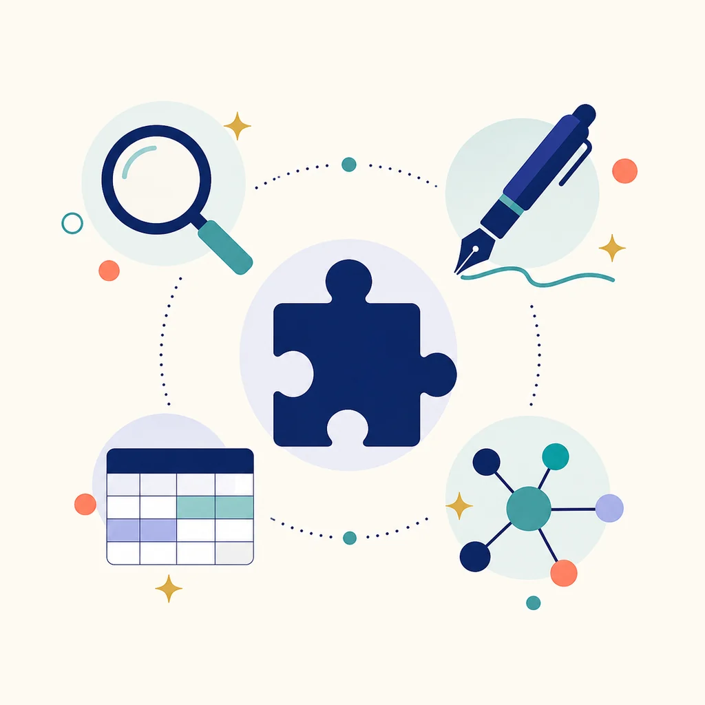 Editorial task map connecting an AI Chrome extension to research, writing, data extraction, and automation