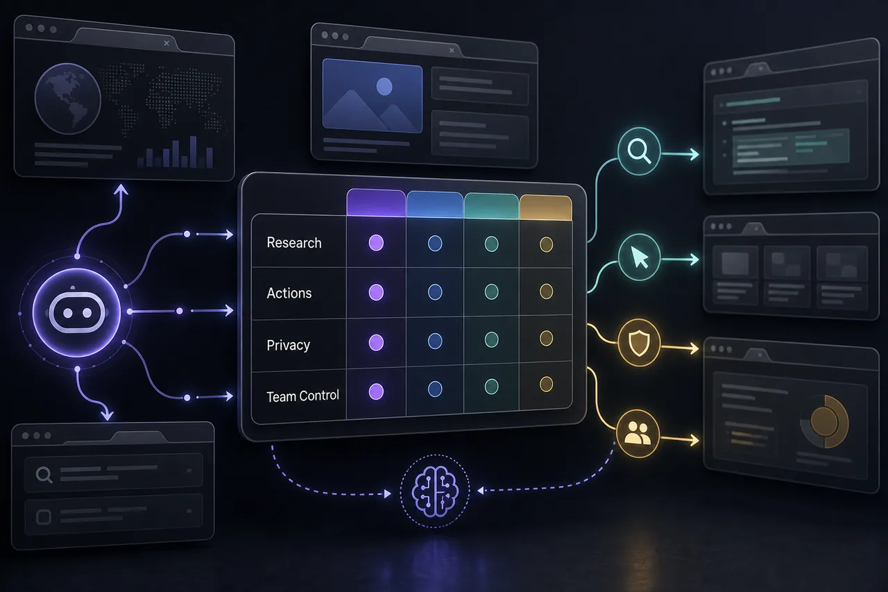 Decision matrix for comparing agentic browsers by research, actions, privacy, and team control