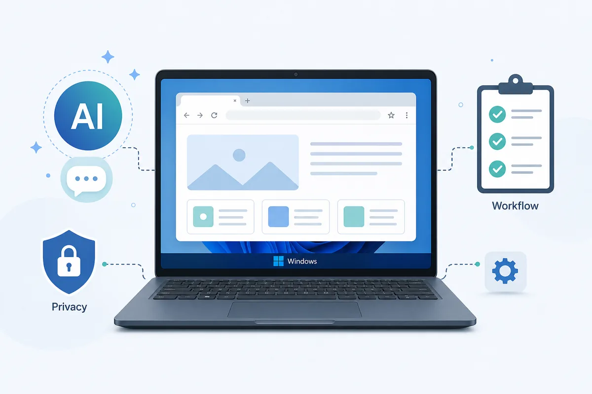 Editorial illustration of a Windows laptop with AI, privacy, and workflow checks for choosing an AI browser