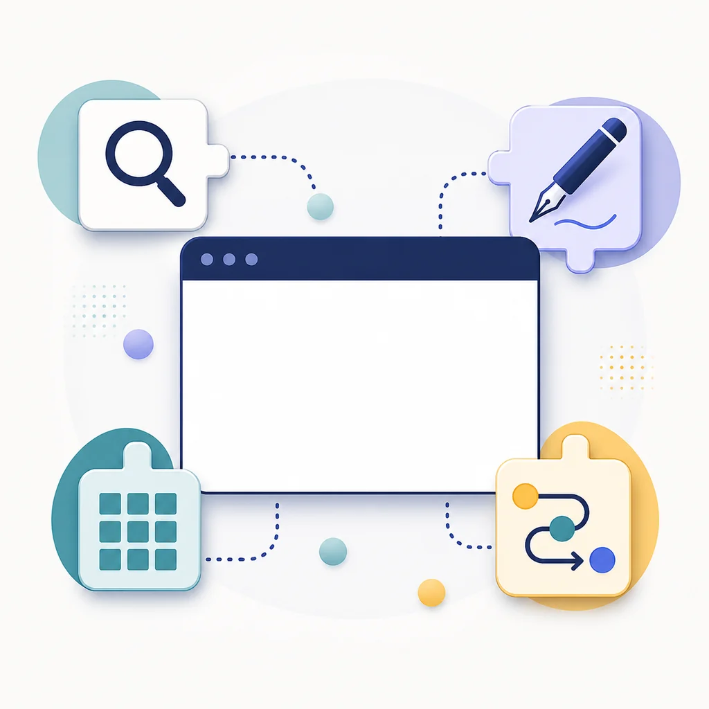 Editorial illustration of a browser surrounded by research, writing, data, and automation extension symbols