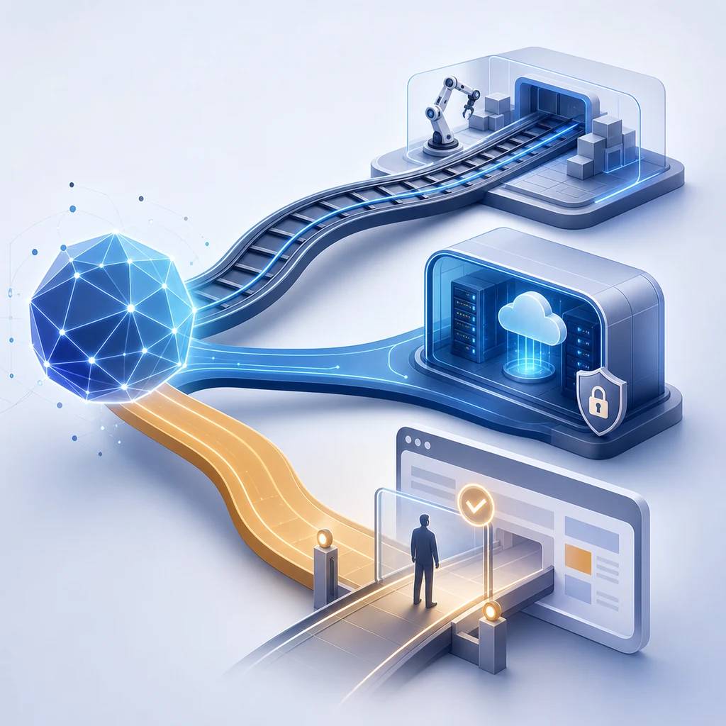 Editorial illustration of an AI agent choosing between deterministic, hosted, and human-approved browser execution paths