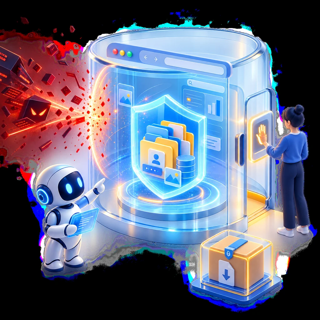 Editorial illustration of an AI browser session behind a security shield while prompt injection and a download are stopped at a human approval boundary