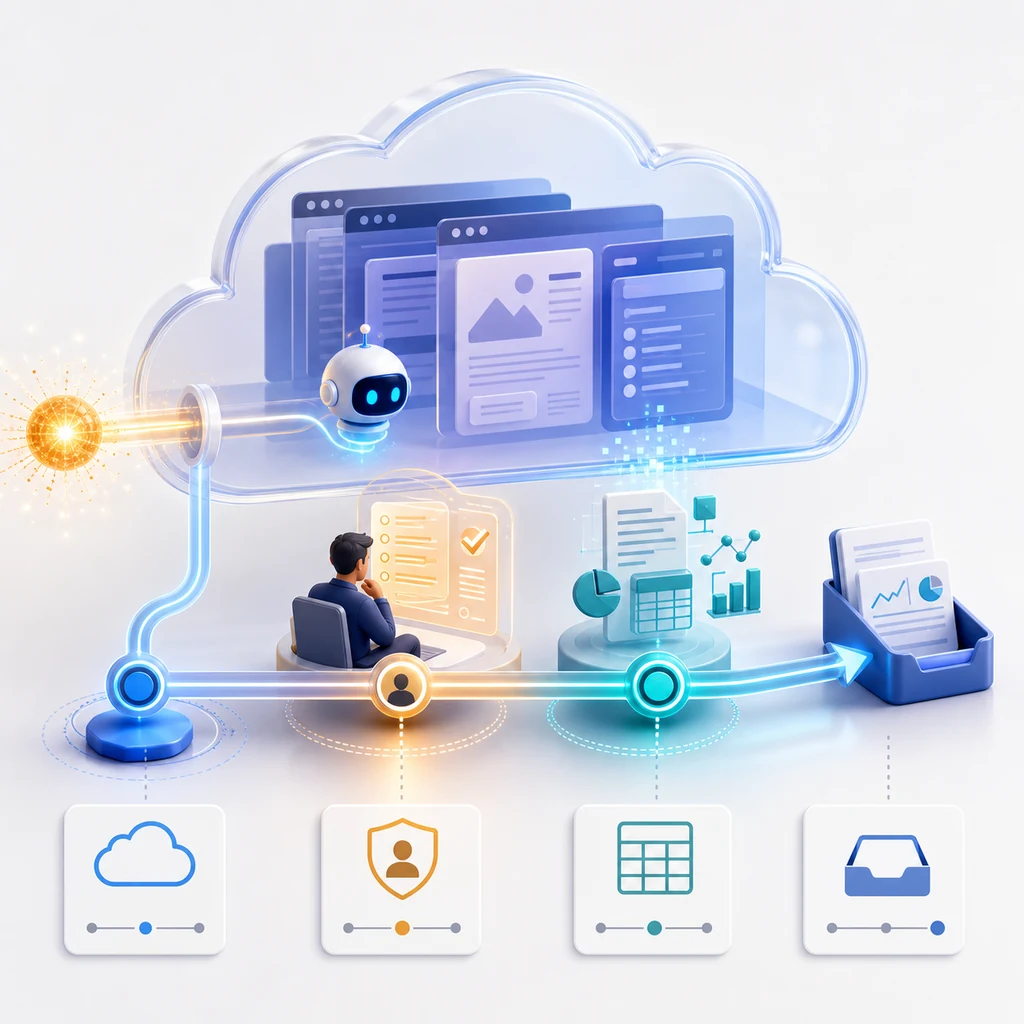 Editorial illustration of an AI agent browser workflow moving from task intake through human approval to a structured result