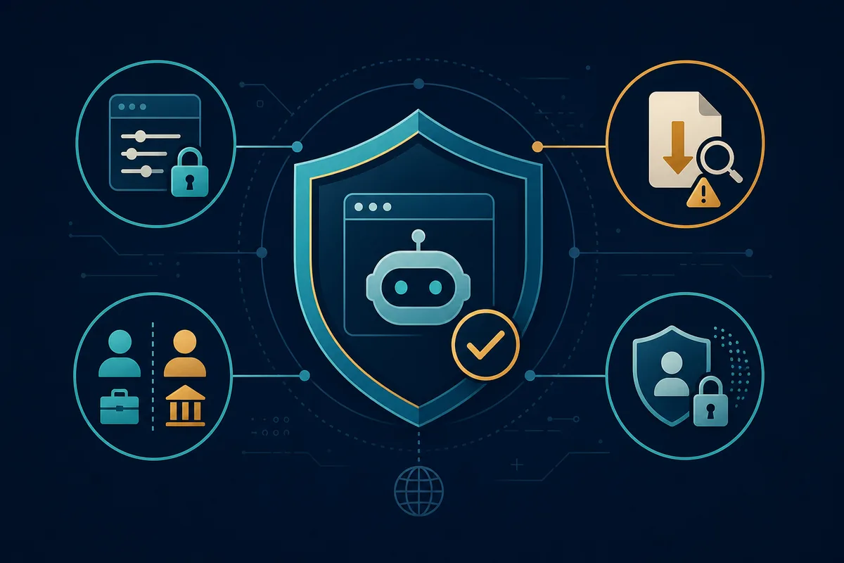 Security checklist illustration for browser agent permissions, account separation, download review, and private data controls