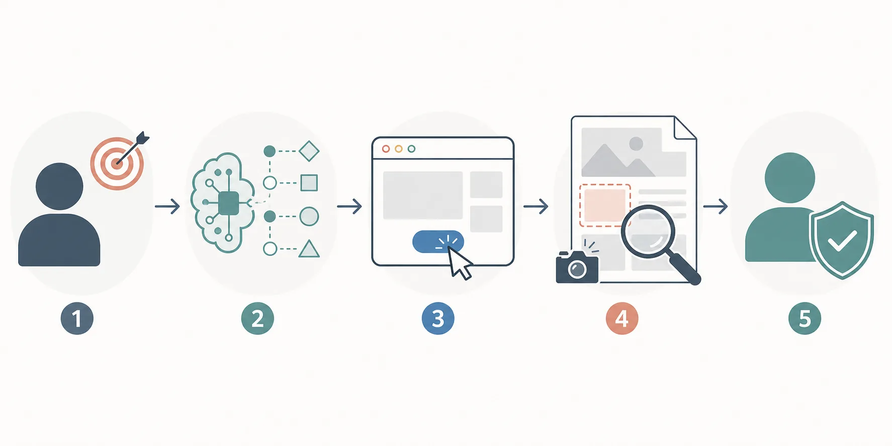 Step-flow diagram of a browser agent moving from user intent to browser action, evidence, and approval