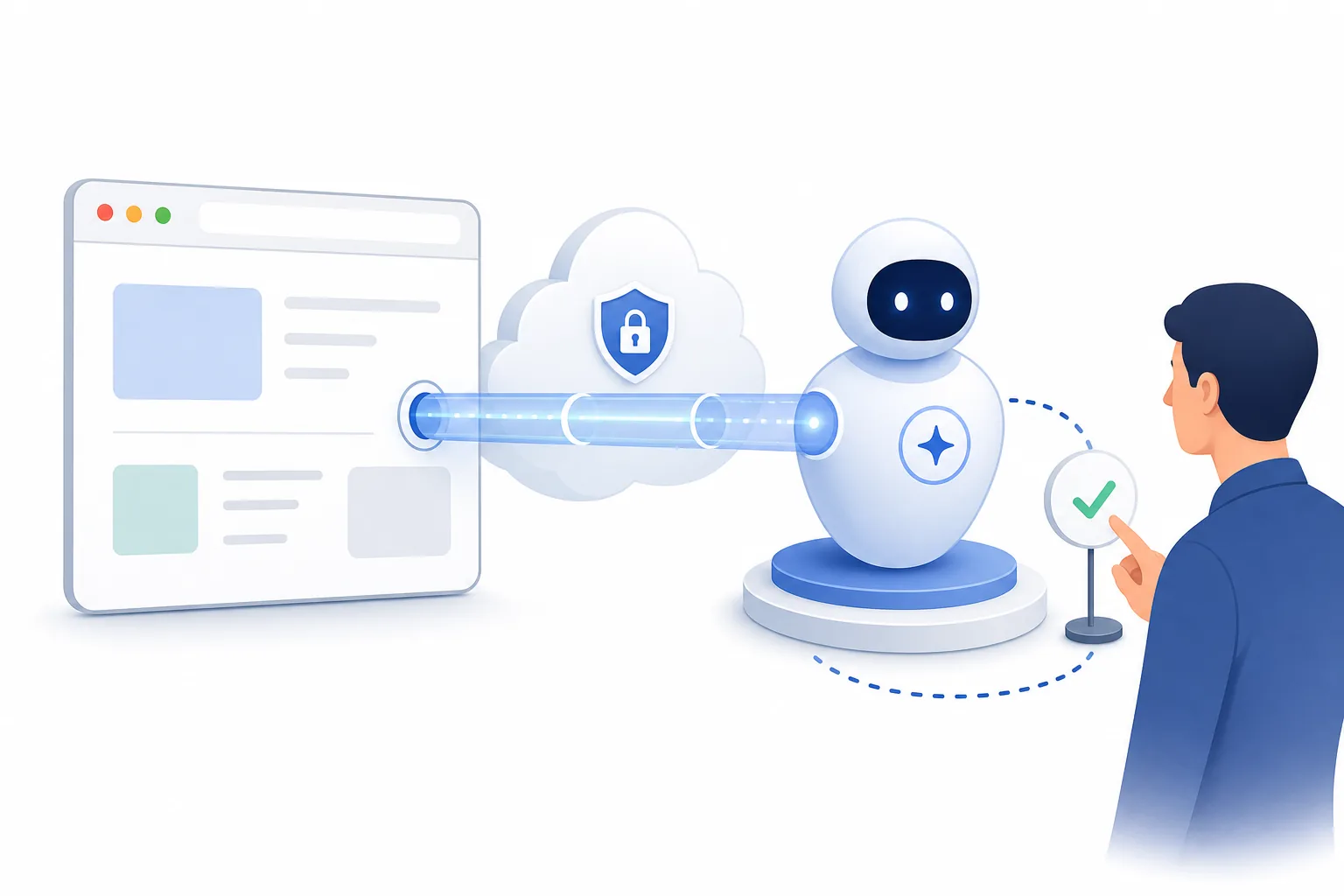 Editorial illustration of an AI agent using a browser with a human approval checkpoint