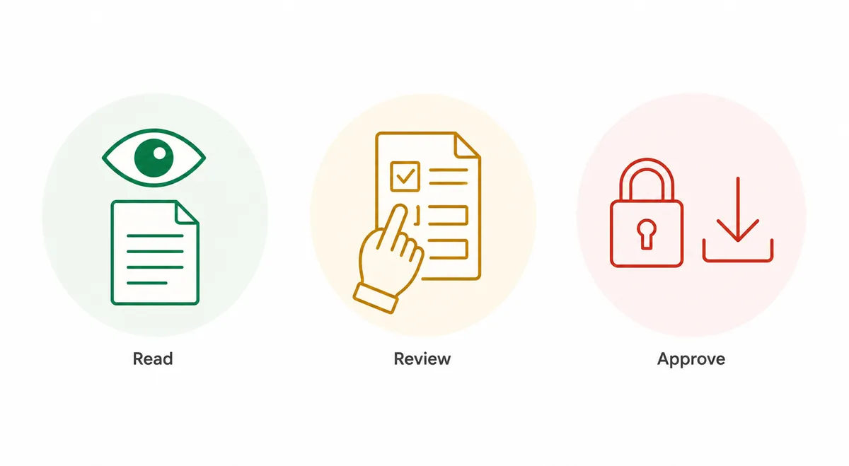 Editorial icon graphic showing read, review, and approve levels for AI browser agent actions