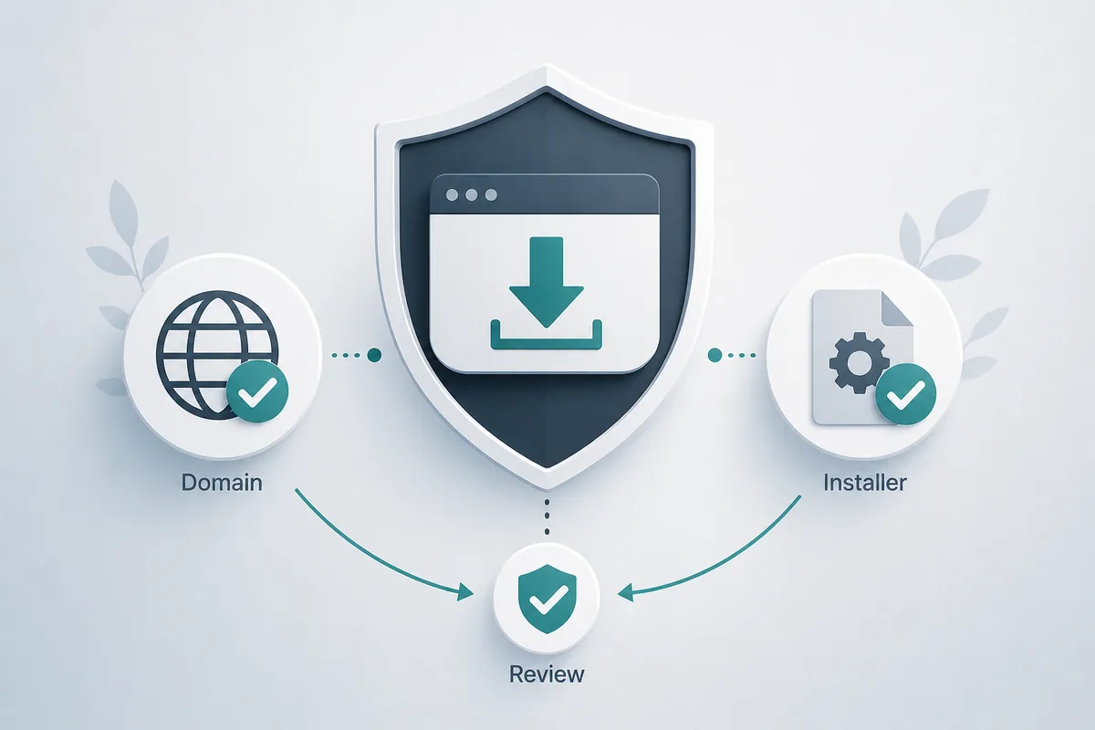 Editorial safety graphic showing domain, installer, and review checks for Tabbit Browser