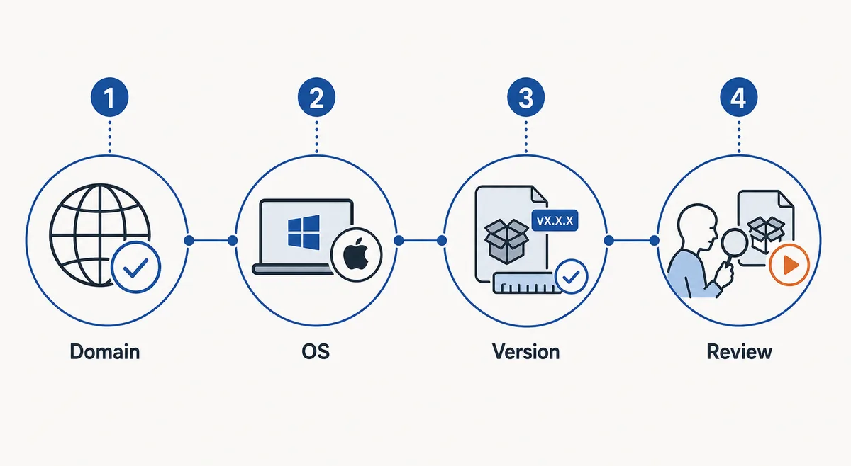 Editorial diagram showing domain, operating system, version, and review checks before running a browser installer